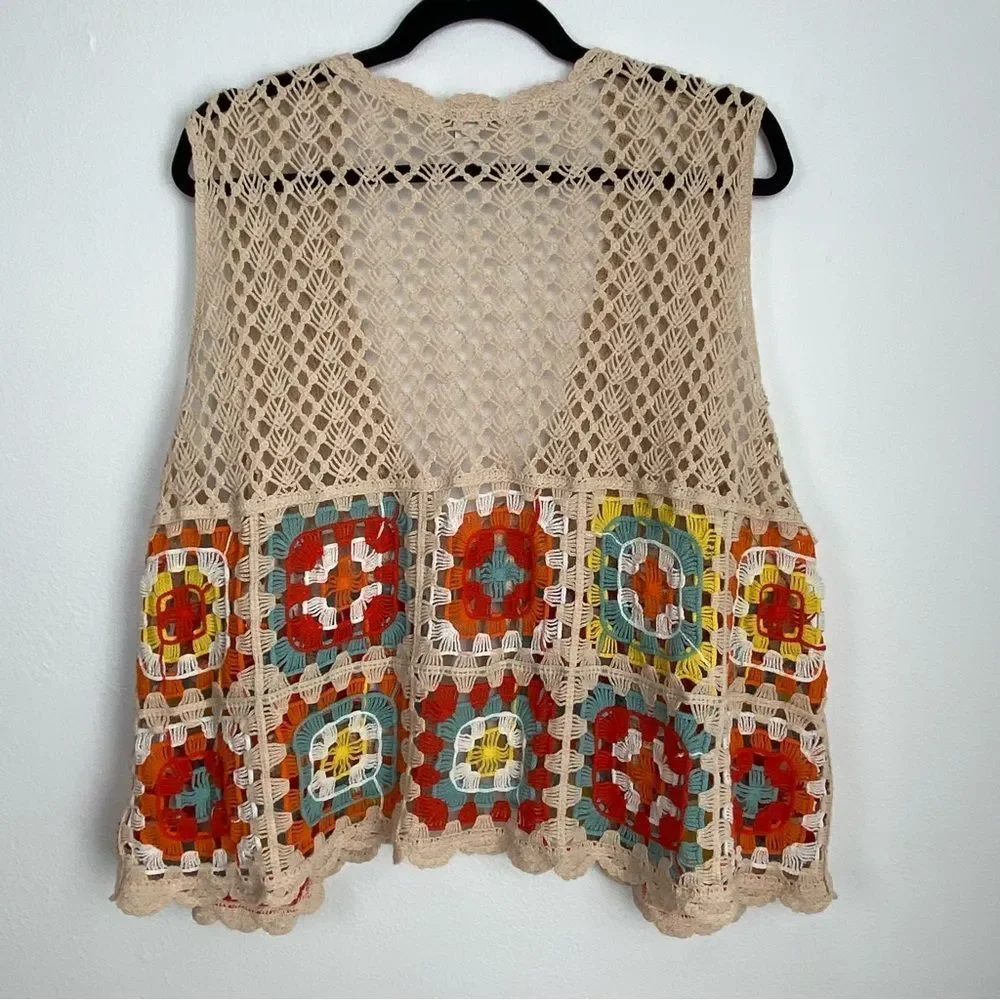 Cato Tan Floral Crochet Vest Women’s Plus Sz 18/20 Granny Square Hippie 70’s - Picture 3 of 12